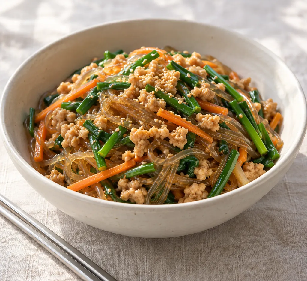 鶏ひき肉とニラにんじんのチャプチェの完成イメージ
