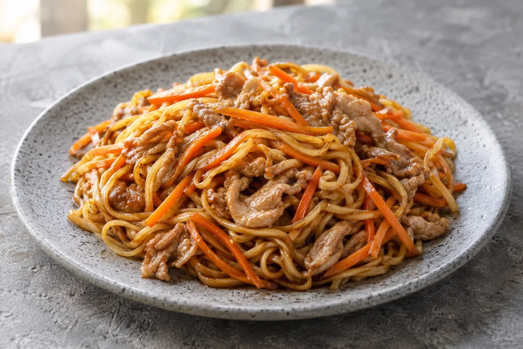 豚こま肉とにんじんのエスニック焼きそばの完成イメージ