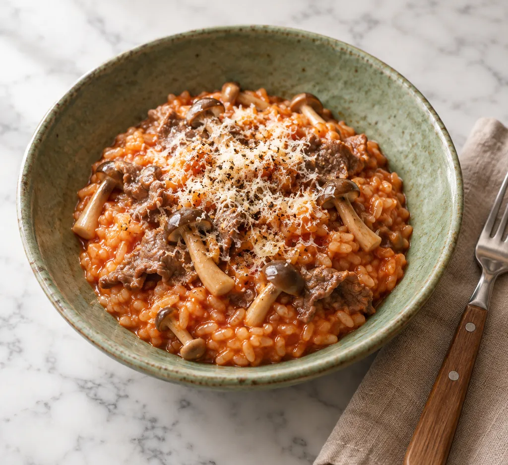 牛こま肉としめじのケチャップリゾットの完成イメージ