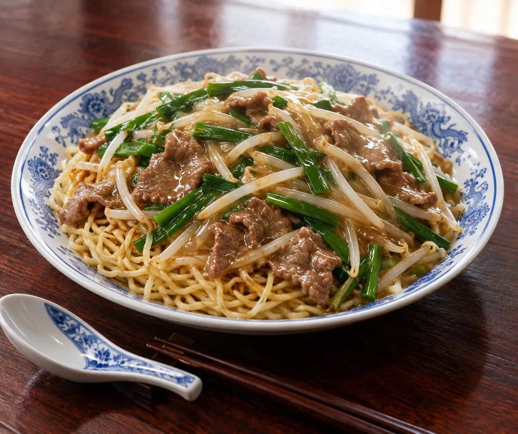 牛薄切り肉とニラの中華あんかけ麺の完成イメージ