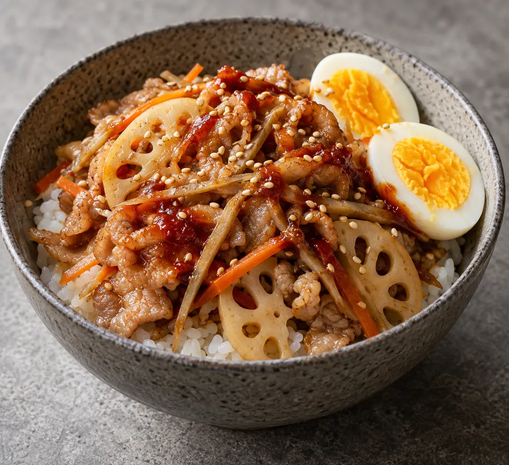 豚こま肉とれんこんのビビンバの完成イメージ