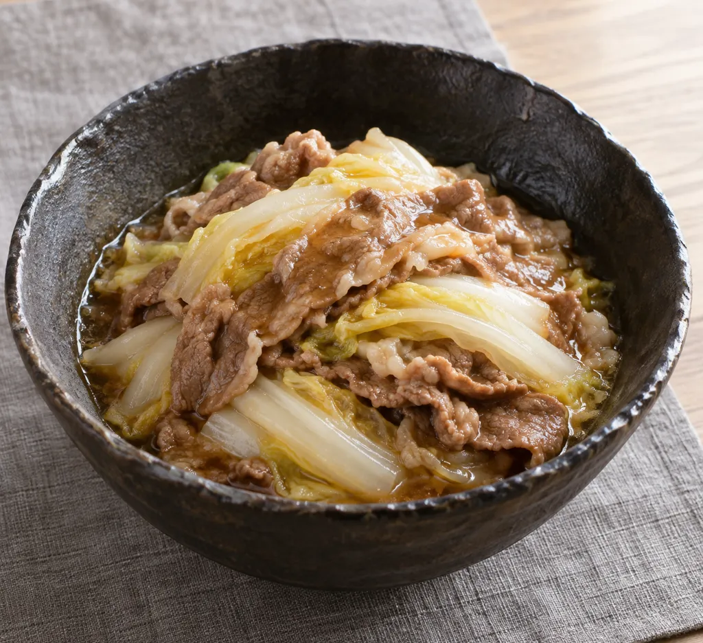 牛薄切り肉と白菜のレンジ重ね蒸しの完成イメージ