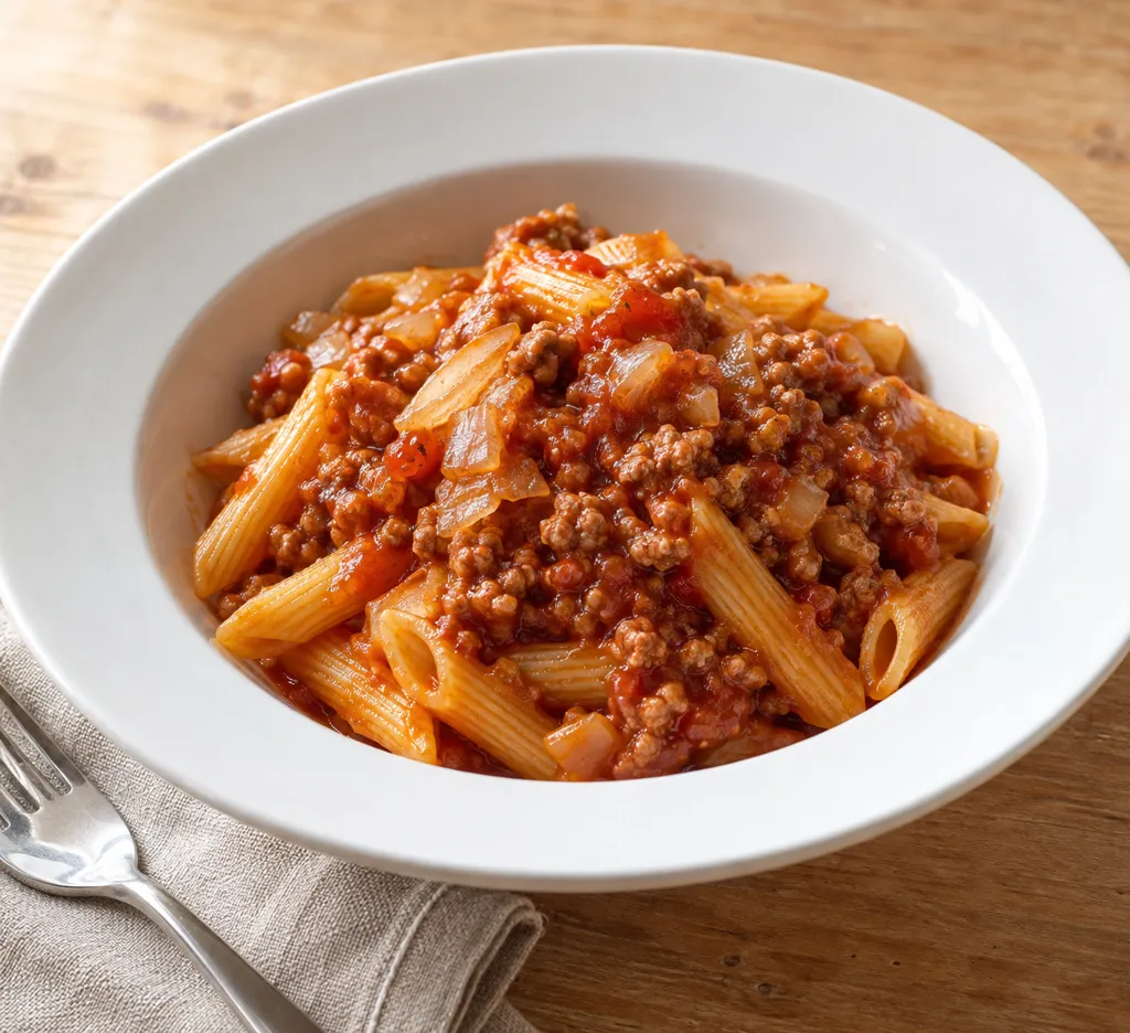豚ひき肉と新玉ねぎのミートソースペンネの完成イメージ