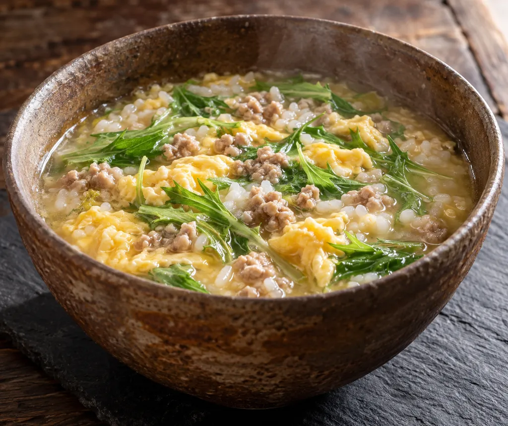 豚ひき肉と水菜の卵雑炊の完成イメージ