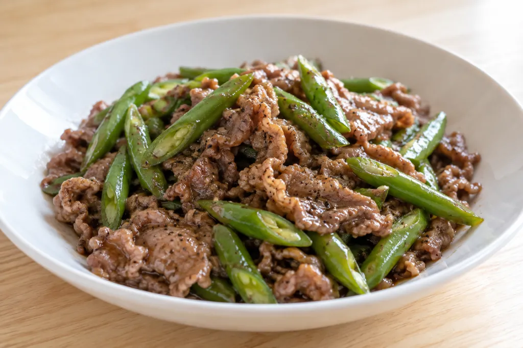 牛薄切り肉といんげんの黒こしょう炒めの完成イメージ