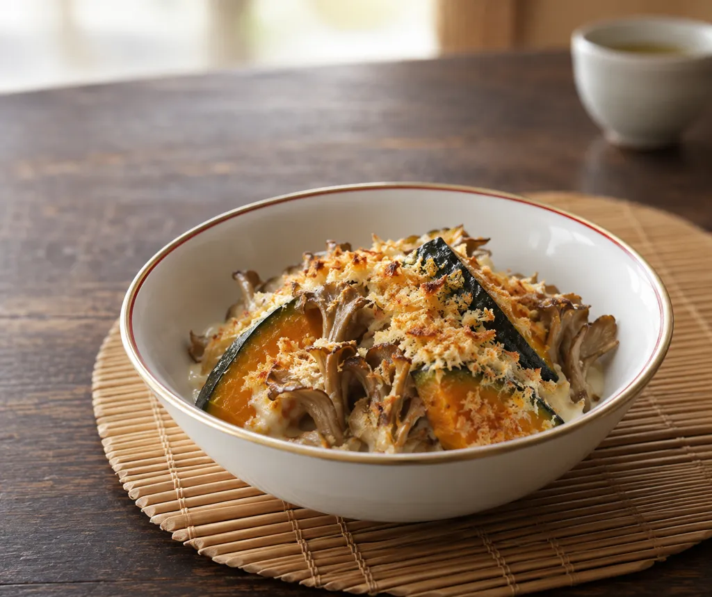 まいたけとかぼちゃの中華パン粉焼きの完成イメージ