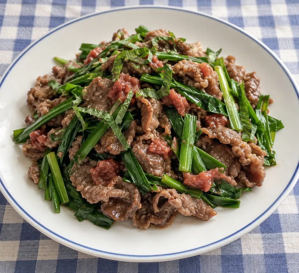 牛肉とニラの梅しそ炒めの完成イメージ