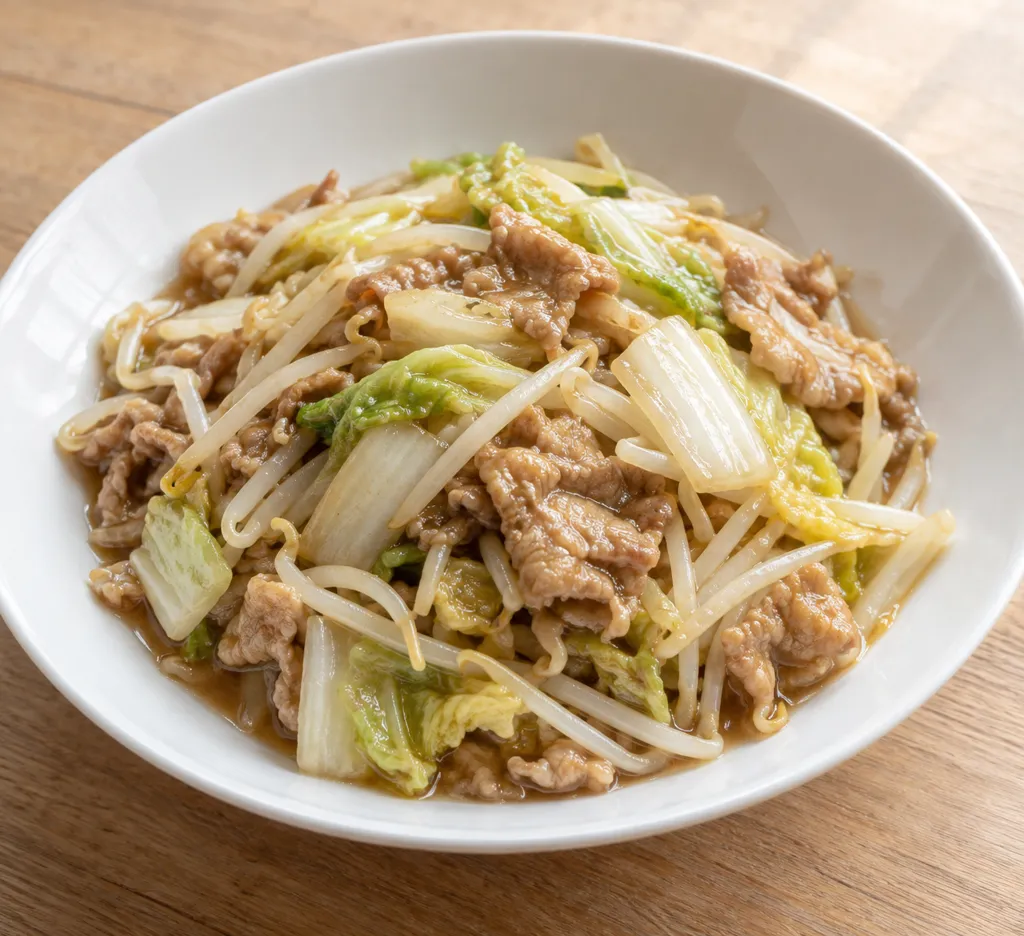 豚こま肉ともやしの白菜入り中華炒めの完成イメージ