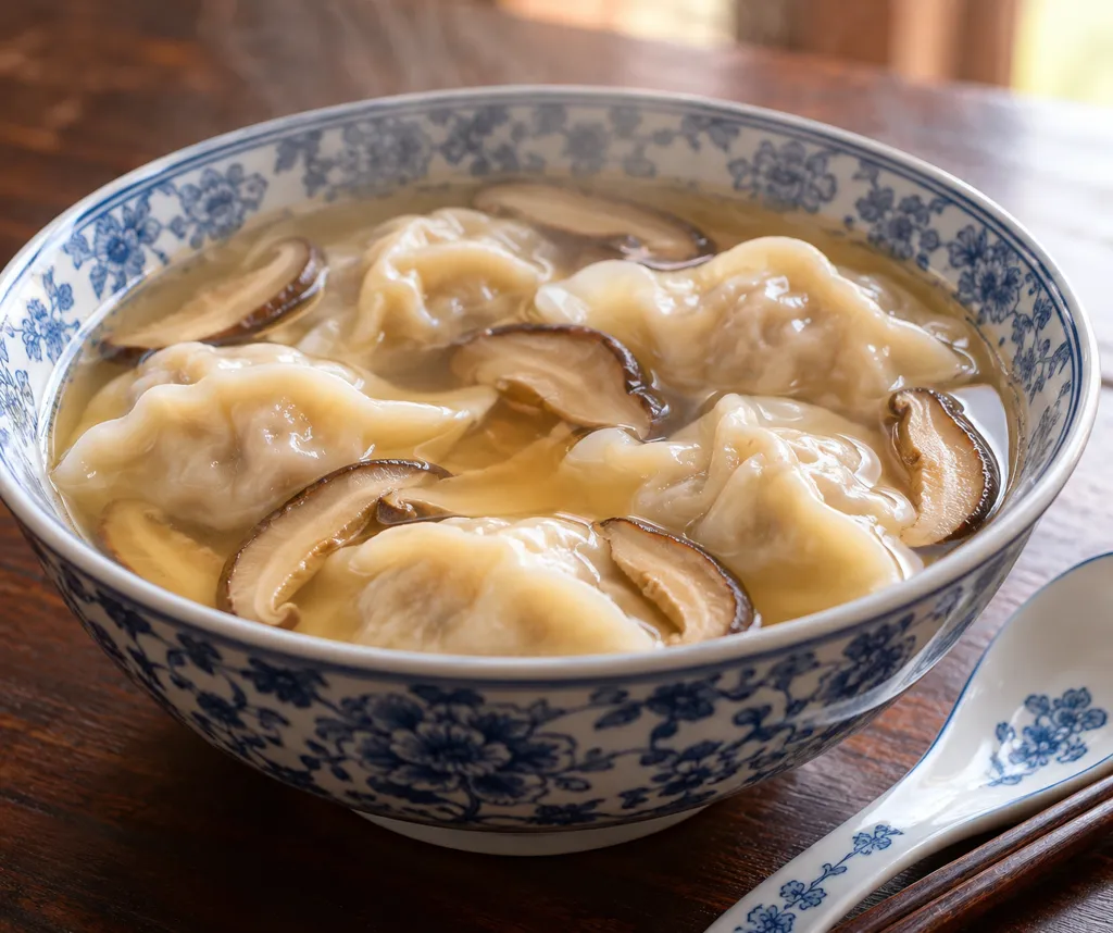 鶏ひき肉としいたけの水餃子スープの完成イメージ