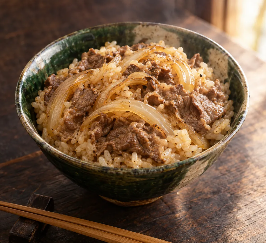 牛薄切り肉と玉ねぎの混ぜごはんの完成イメージ