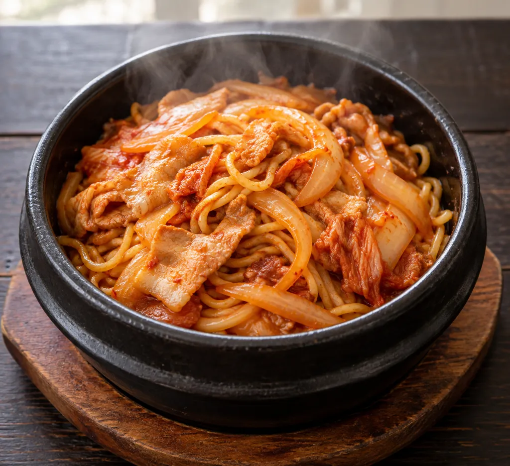 時短豚バラと玉ねぎのキムチ焼き中華麺の完成イメージ