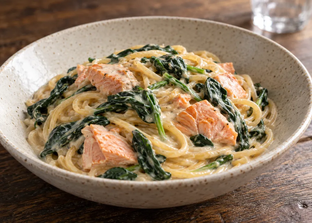 鮭とほうれん草の味噌クリーム風パスタの完成イメージ