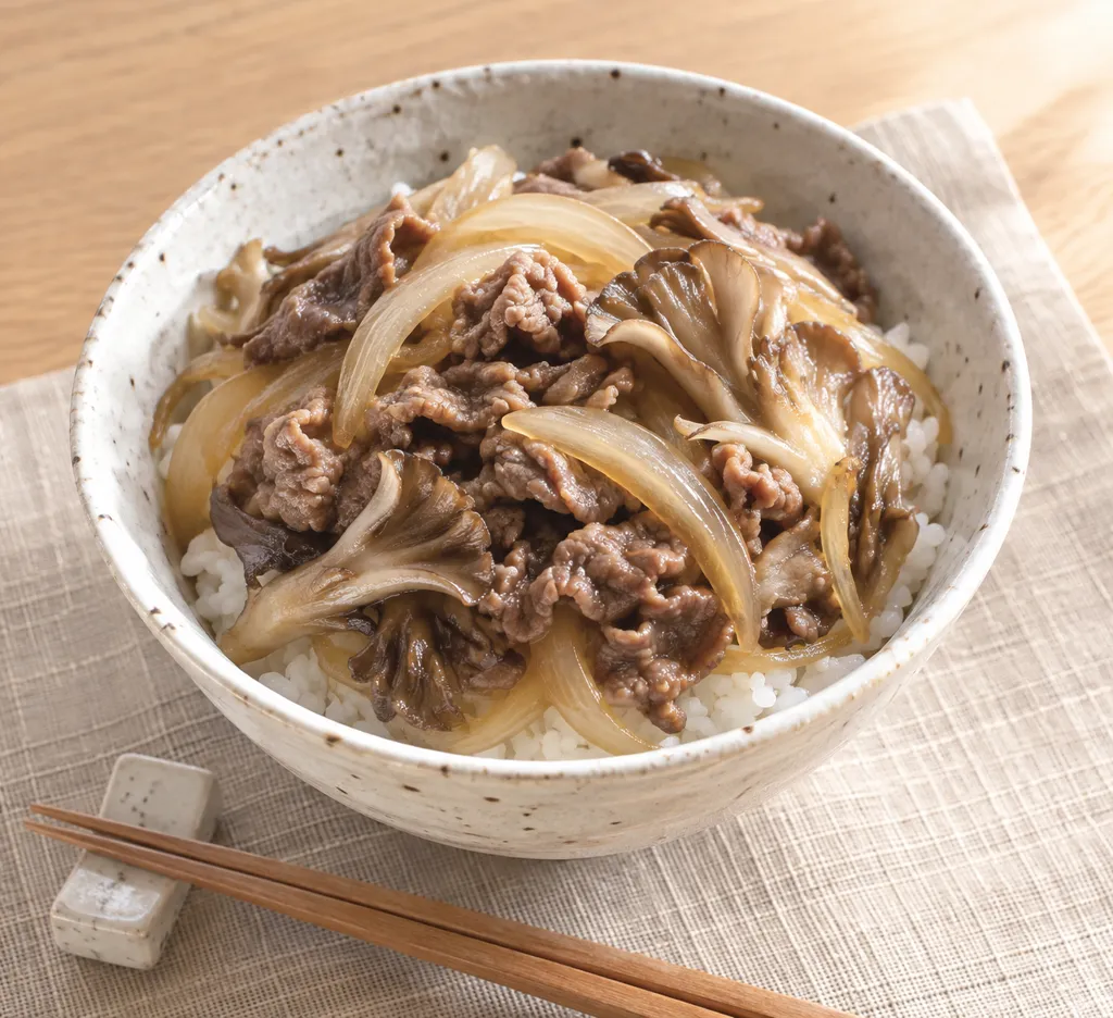 まいたけと玉ねぎの牛もも丼の完成イメージ