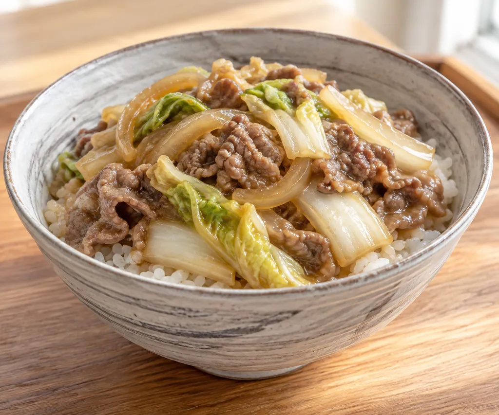 白菜と玉ねぎの牛丼の完成イメージ