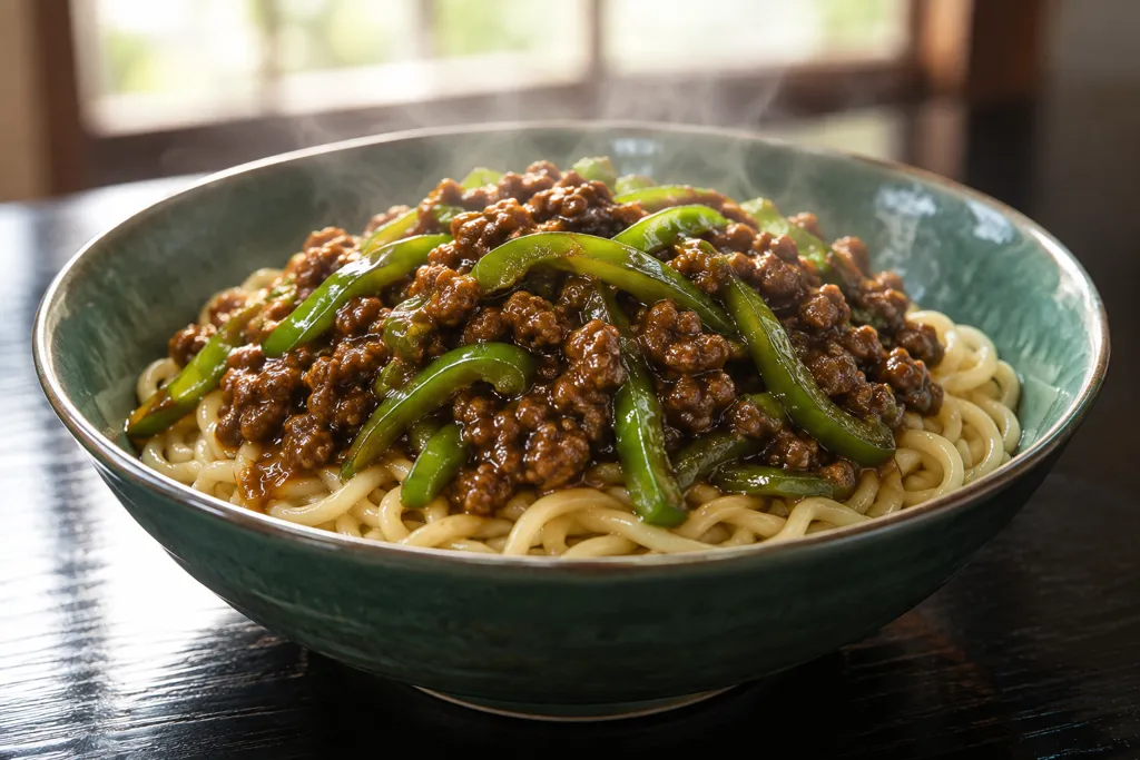 合いびき肉とピーマンのジャージャー麺の完成イメージ