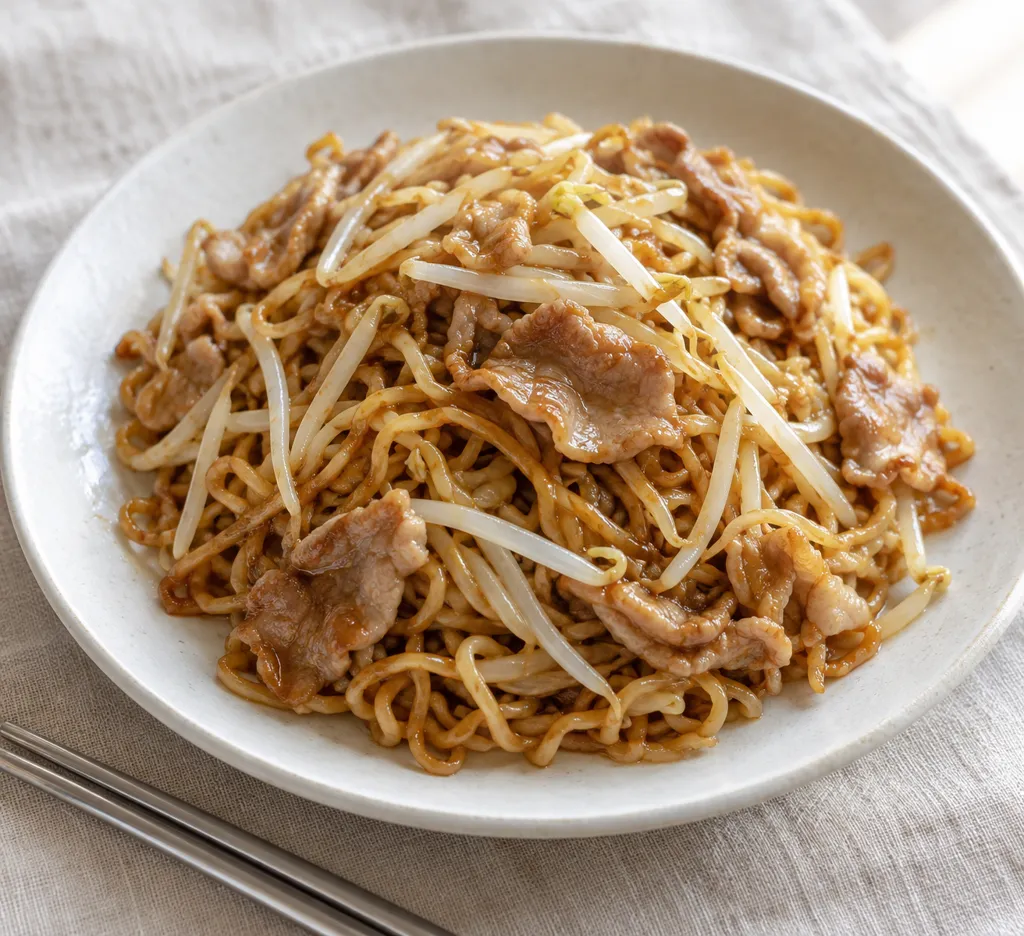 豚こま肉ともやしのエスニック焼き麺の完成イメージ