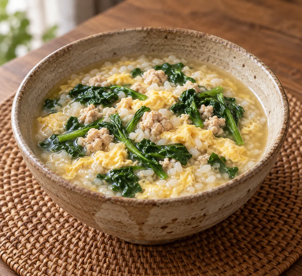 鶏ひき肉と春菊の卵雑炊の完成イメージ