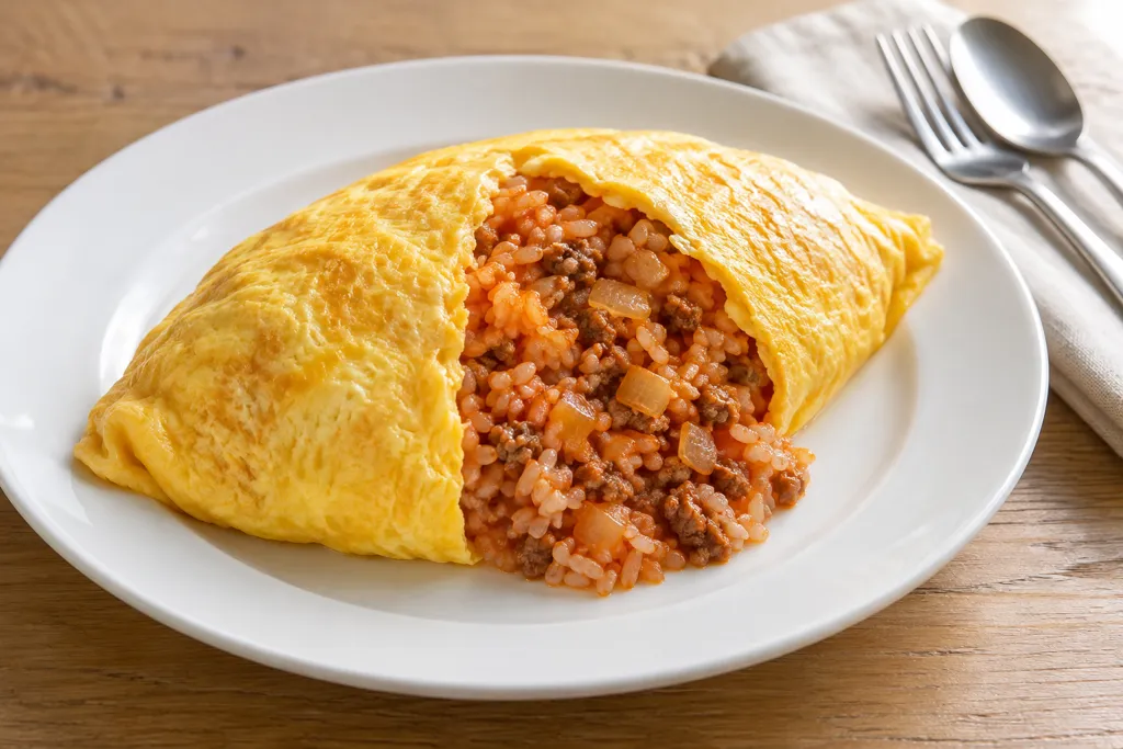 合いびき肉と玉ねぎのオムライスの完成イメージ