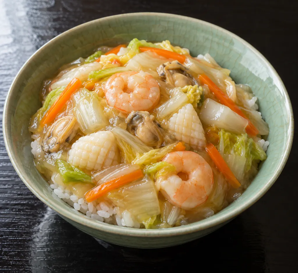 時短シーフードミックスと白菜の中華丼の完成イメージ