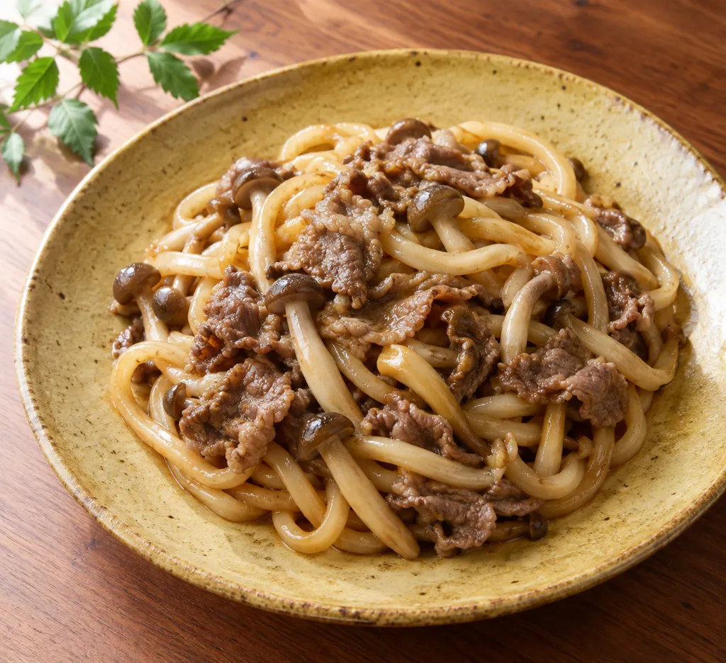 牛こま肉としめじの焼きうどんの完成イメージ