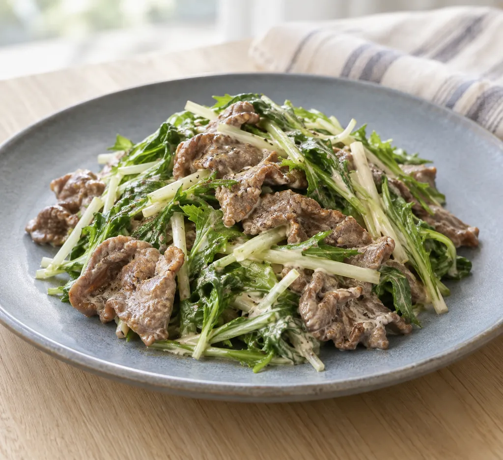 牛肉と水菜のマヨネーズ炒めの完成イメージ