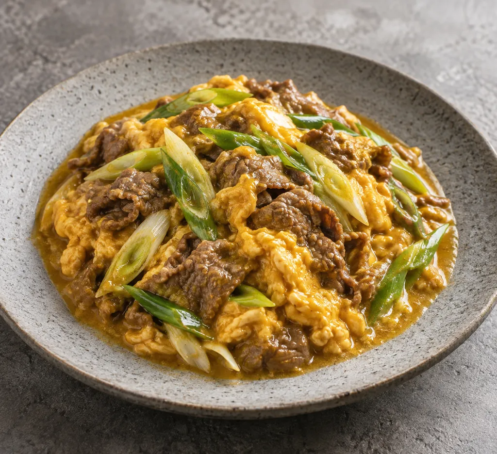 牛薄切り肉とねぎのタイ風カレー卵とじの完成イメージ