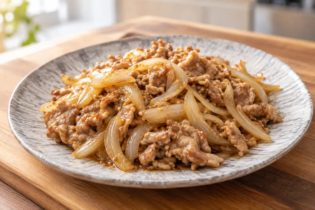 豚こま肉と玉ねぎのしょうがごま炒めの完成イメージ