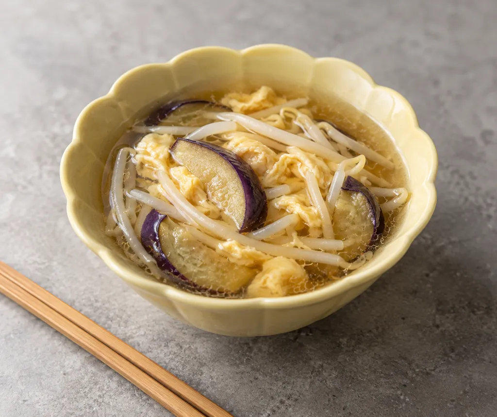 もやしとなすの中華卵スープの完成イメージ