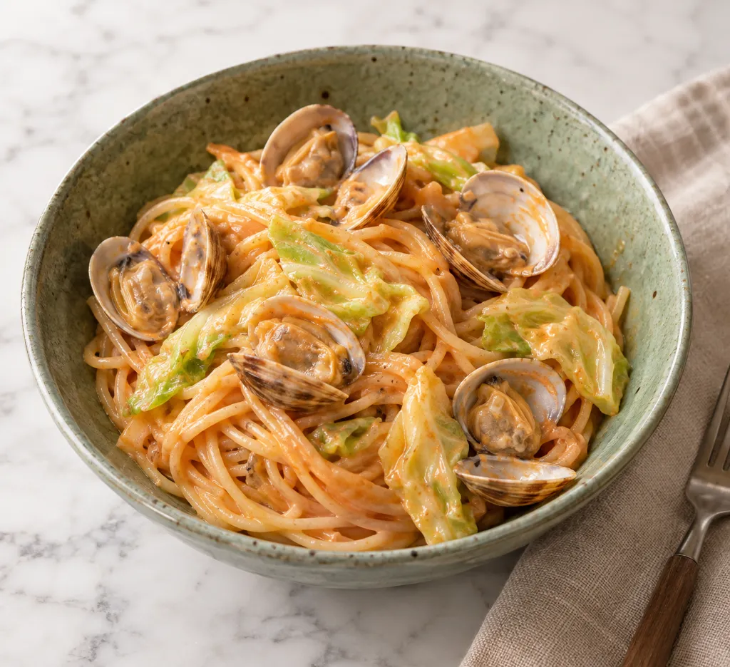 あさりとキャベツのケチャップマヨパスタの完成イメージ