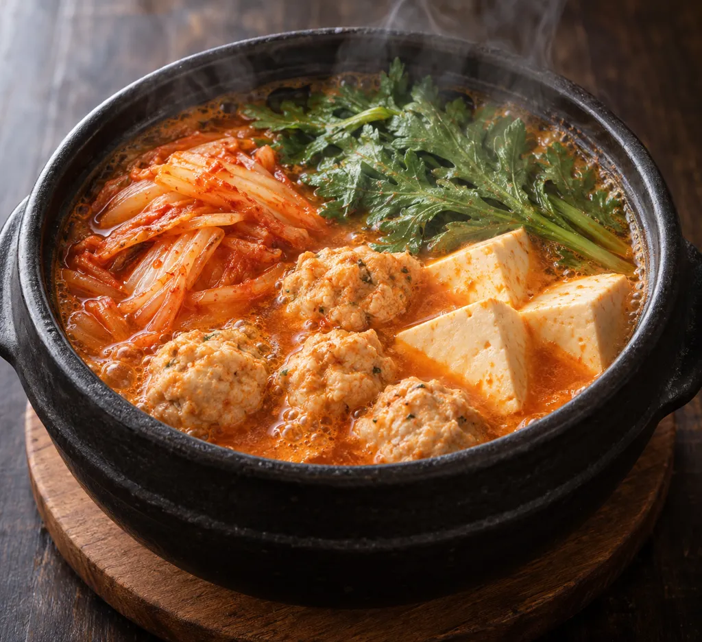 鶏団子と春菊のキムチ鍋の完成イメージ