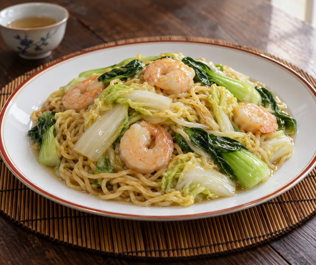 えびとチンゲン菜の塩焼き中華麺の完成イメージ