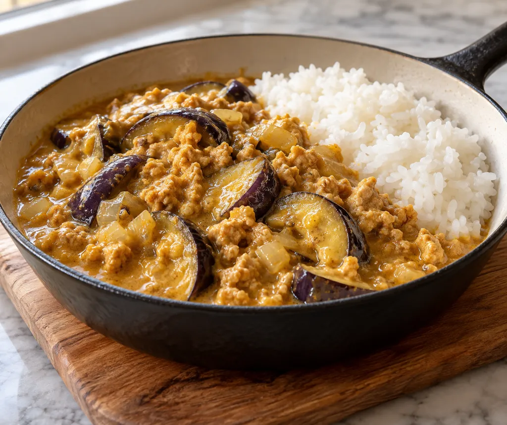 鶏ひき肉となすのカレークリーム煮の完成イメージ