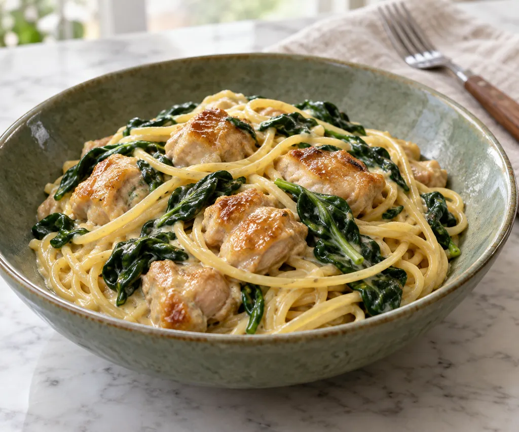 鶏もも肉とほうれん草のバターマヨパスタの完成イメージ
