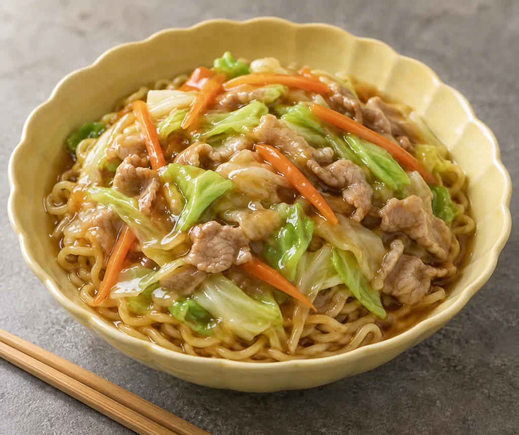 豚こま肉とキャベツの中華あんかけ麺の完成イメージ