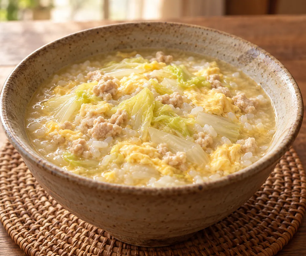鶏ひき肉と白菜の卵雑炊の完成イメージ