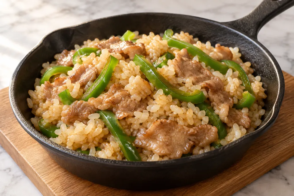 豚こま肉とピーマンのにんにくピラフの完成イメージ