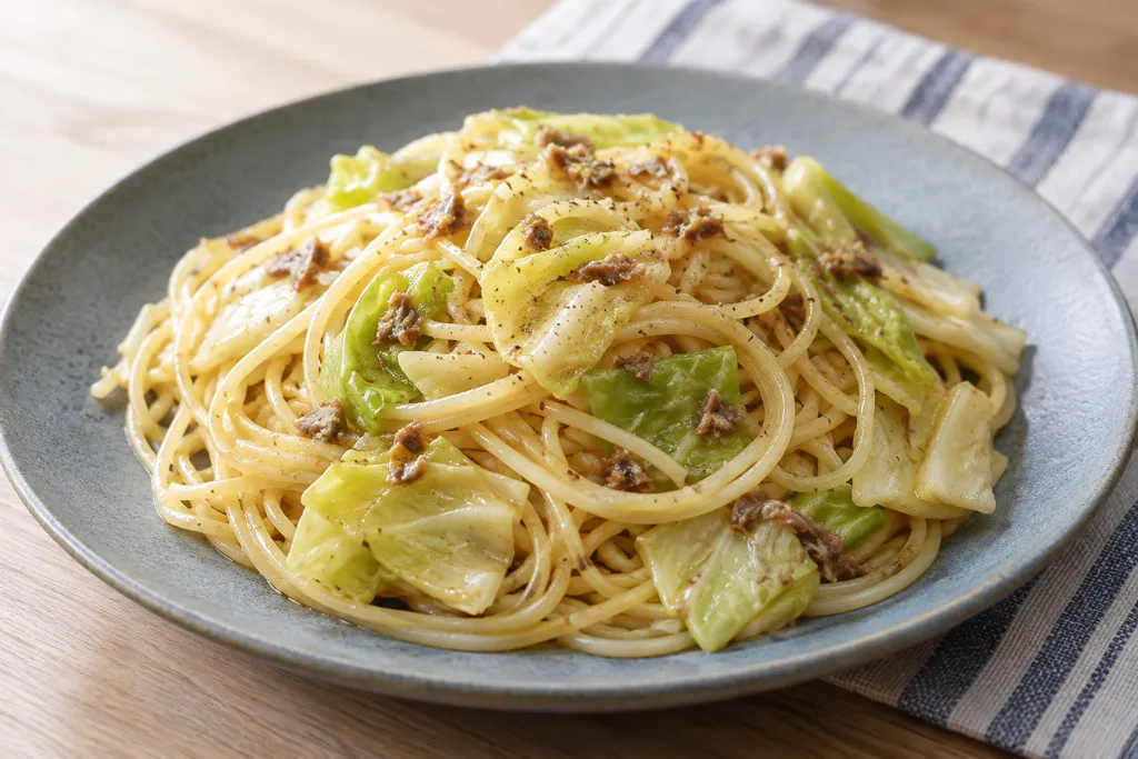アンチョビとキャベツのペペロン風パスタの完成イメージ