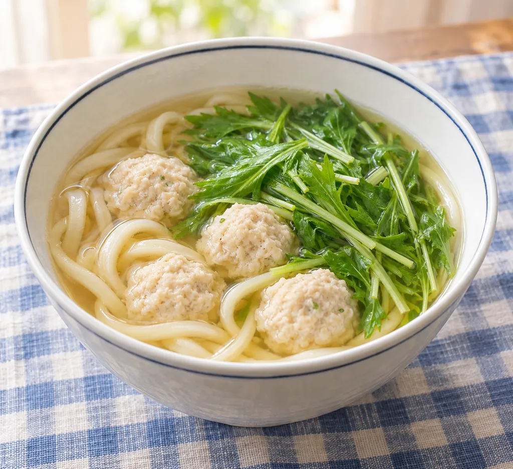 鶏団子と水菜のかけうどんの完成イメージ