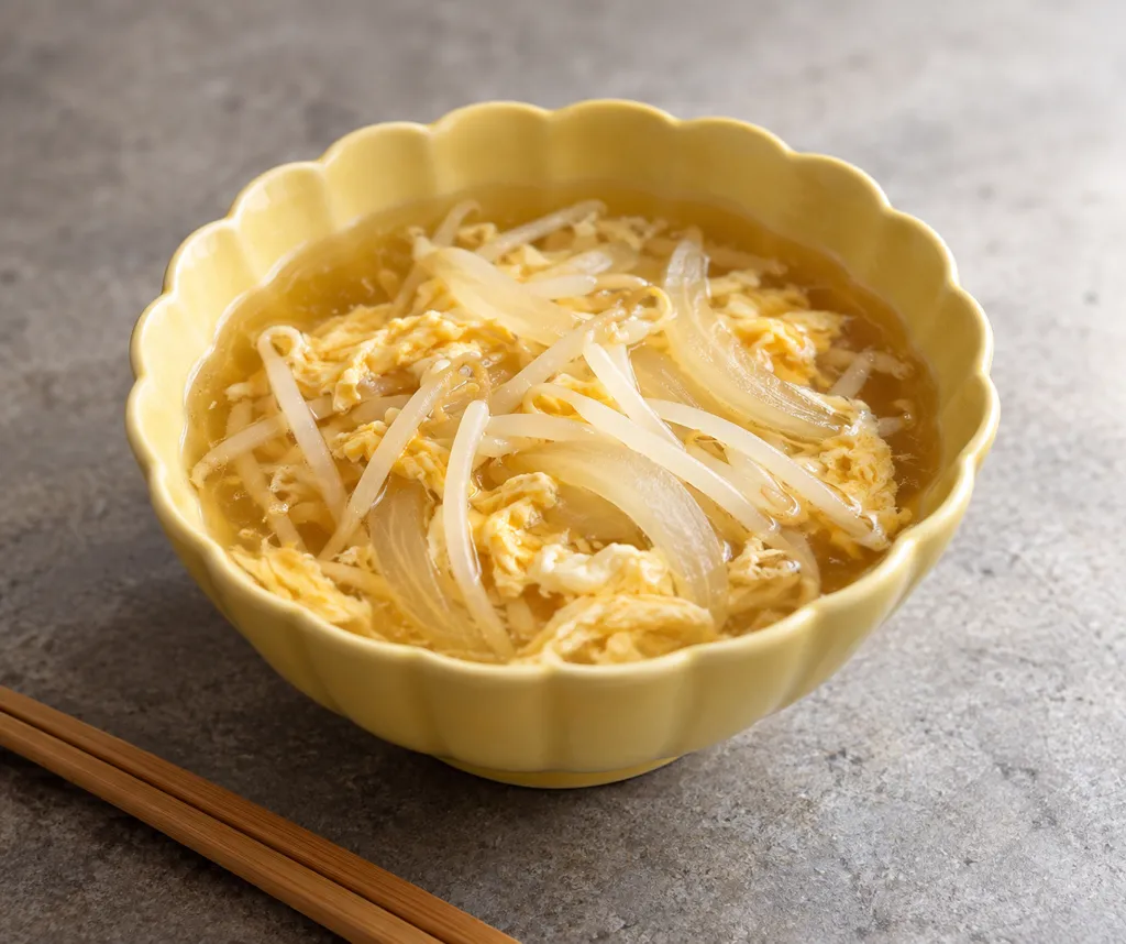 もやしと玉ねぎの卵入り中華汁の完成イメージ