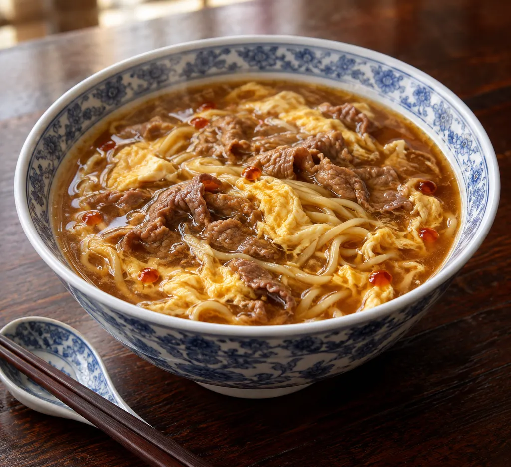 牛こま肉と卵の黒酢酸辣湯麺の完成イメージ