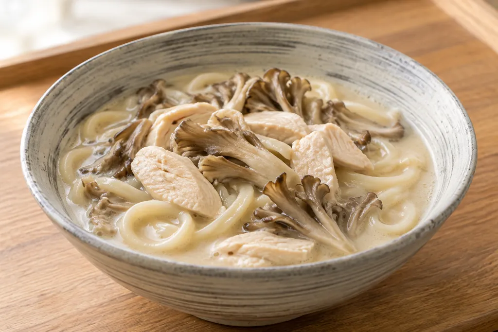 鶏むね肉とまいたけのしょうが豆乳うどんの完成イメージ