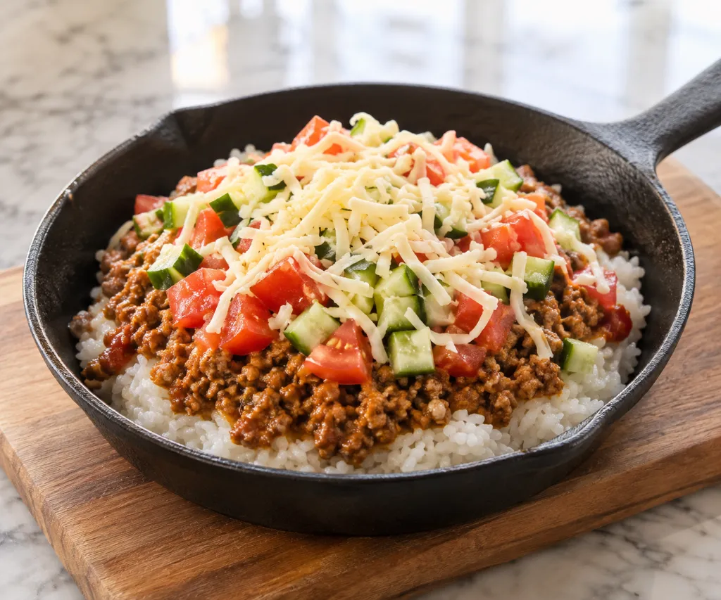 豚ひき肉とトマトきゅうりのタコライスの完成イメージ