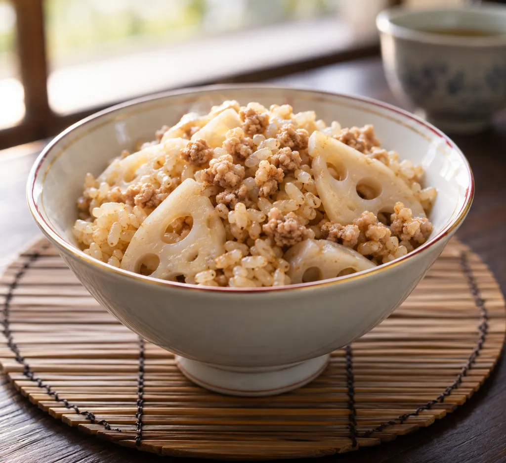 鶏ひき肉とれんこんの中華炊き込みご飯の完成イメージ