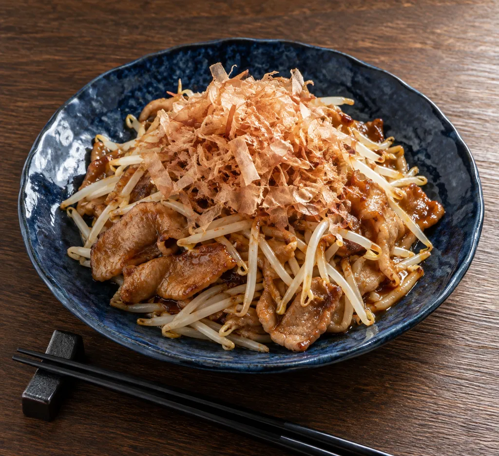 豚こま肉とおかかの炒め物の完成イメージ
