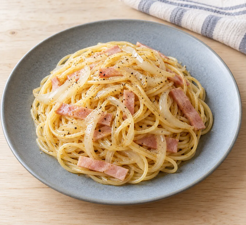 ハムと玉ねぎのペペロン風パスタの完成イメージ