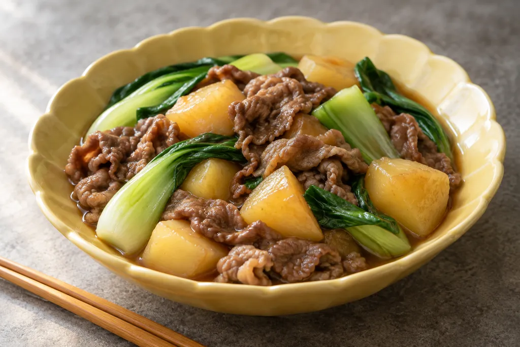 牛薄切り肉とチンゲン菜の中華肉じゃがの完成イメージ