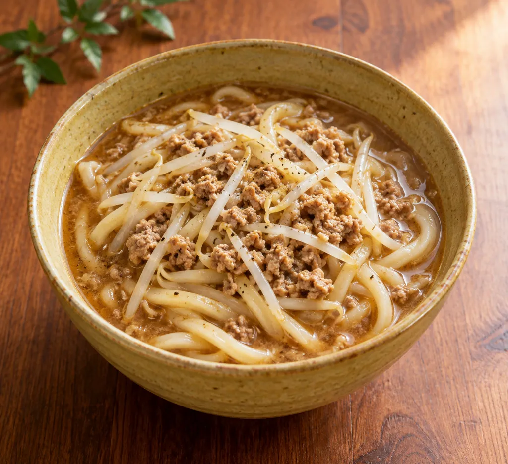 豚ひき肉ともやしの味噌煮込みうどんの完成イメージ