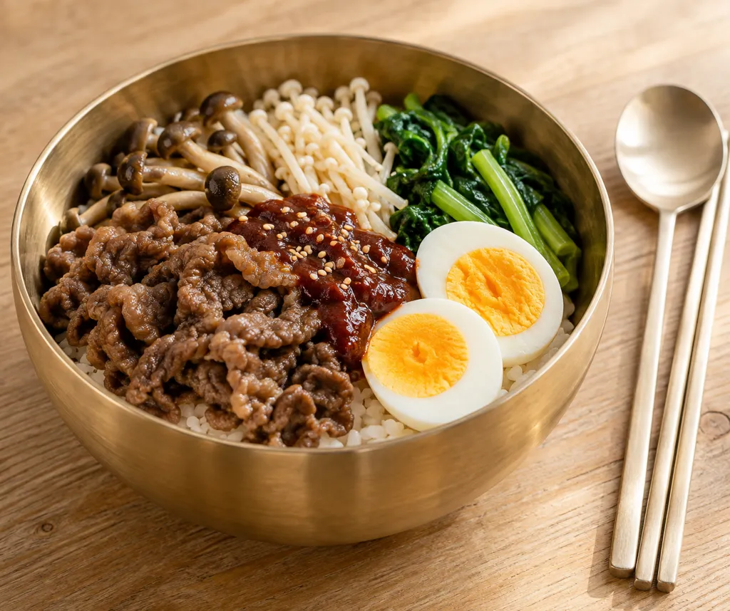 牛薄切り肉ときのこのビビンバの完成イメージ