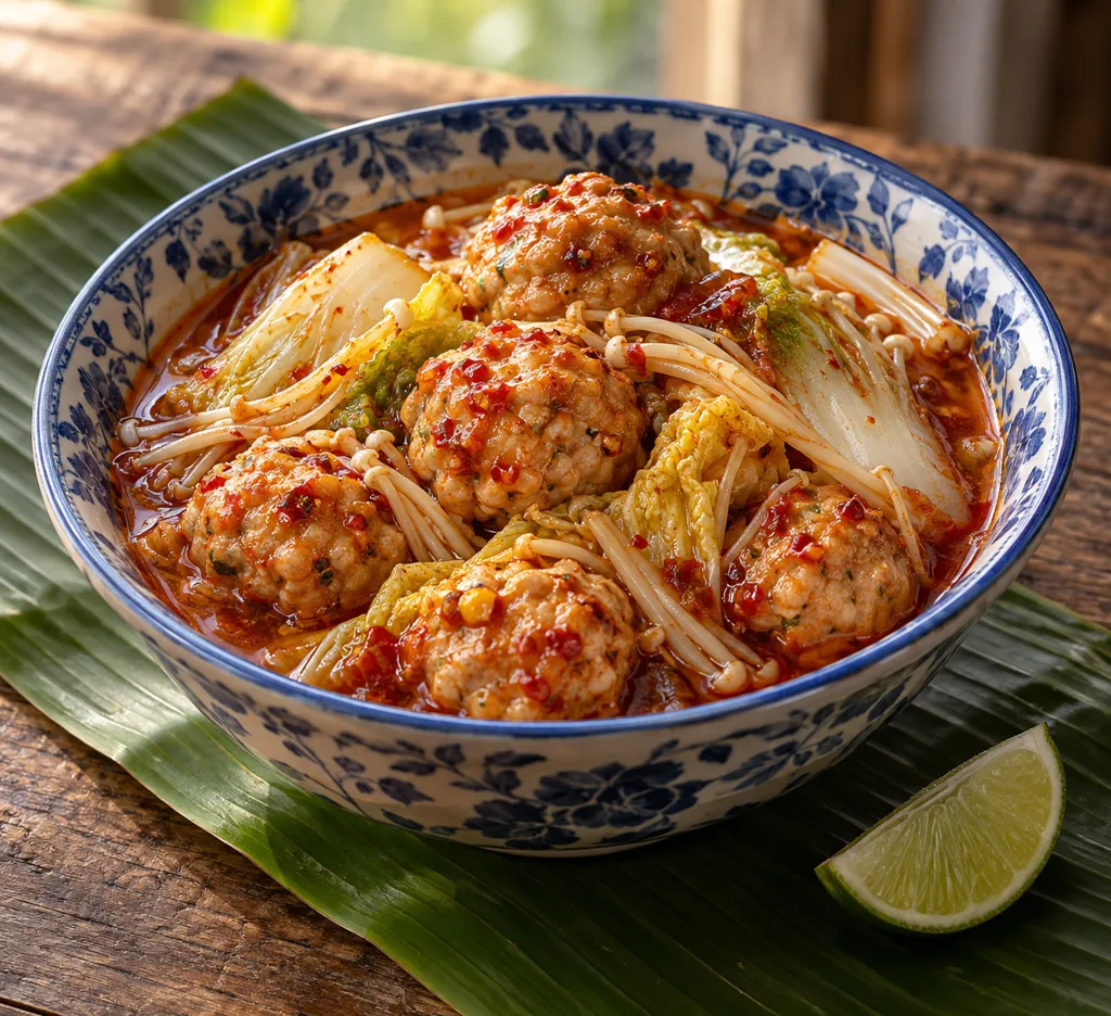 鶏団子と白菜のピリ辛煮の完成イメージ