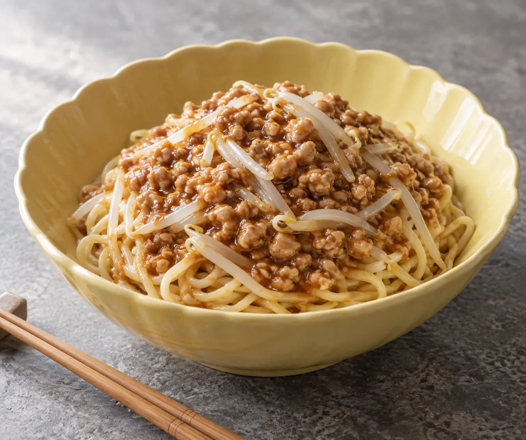 鶏ひき肉ともやしのジャージャー麺の完成イメージ